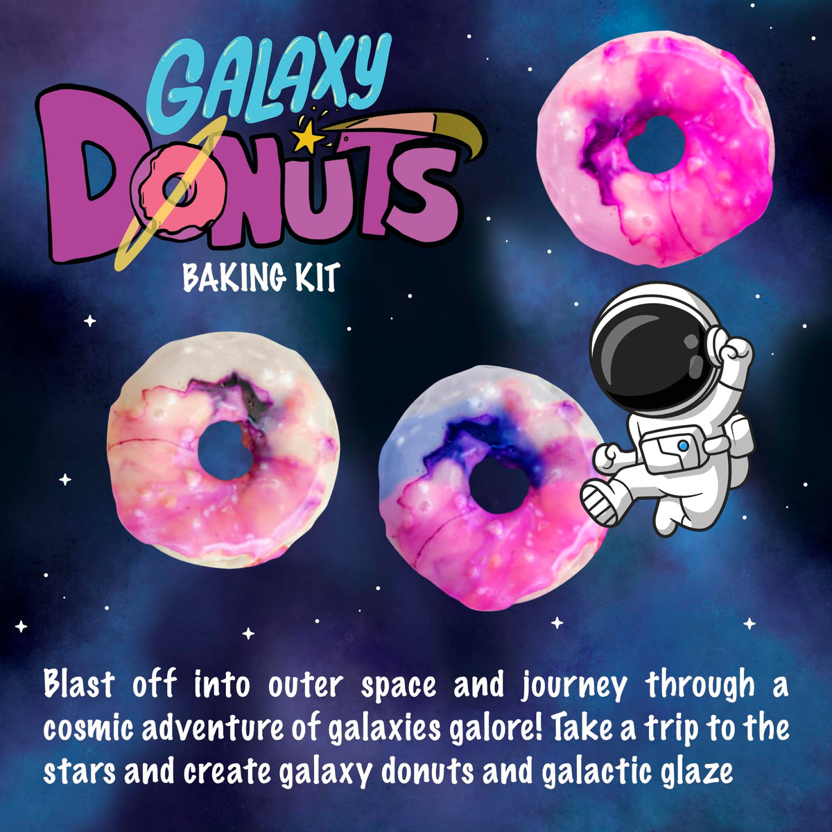 Kids decorating Galaxy Donut Kit donuts with galactic glaze for hands-on learning.