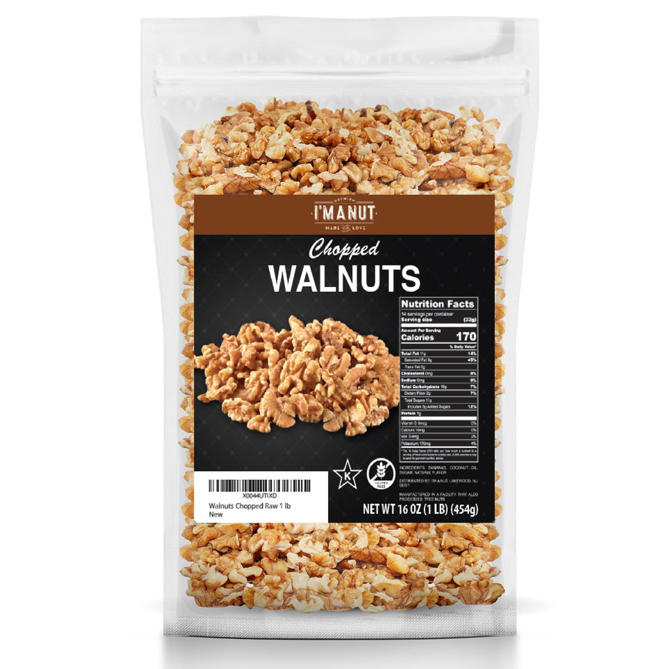 I'm A Nut premium raw chopped walnuts 16oz bag — fresh, buttery flavor for snacking.