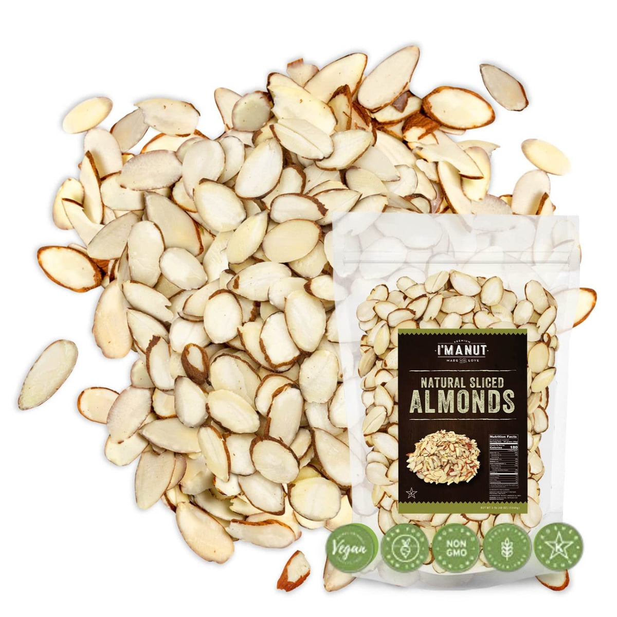 I'm A Nut premium sliced almonds in a 64oz bag for easy daily snacking.