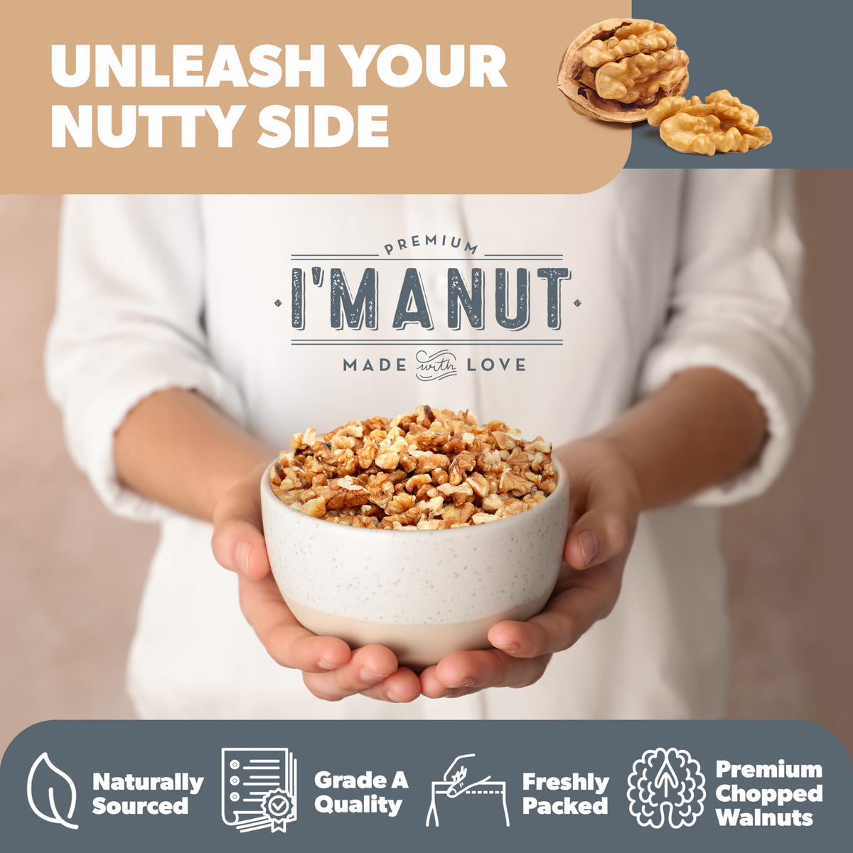 I'm A Nut walnuts nutrition label close-up — heart-healthy fats and vitamins.