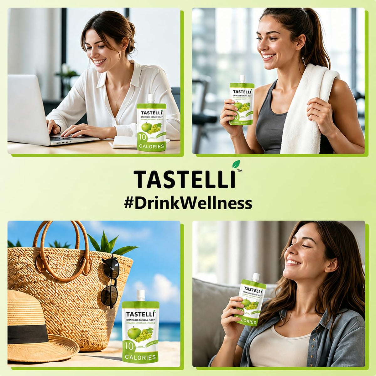 Tastelli Konjac Jelly with Collagen & Vitamin C – Apple Green Grape | Gluten Free, Sugar Free, Low Calorie | 150mL x 10 Pouches