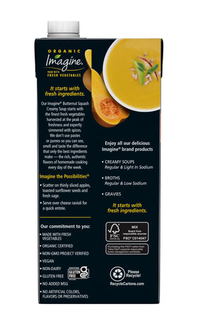 A bowl of Imagine Organic Butternut Squash Creamy Soup ready to eat