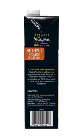 Imagine Organic Butternut Squash Creamy Soup carton on a pantry shelf