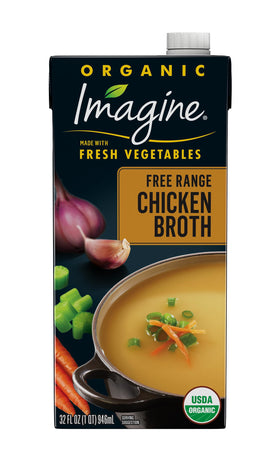 Imagine Organic Free Range Chicken Broth cartons stacked for easy meal prep.