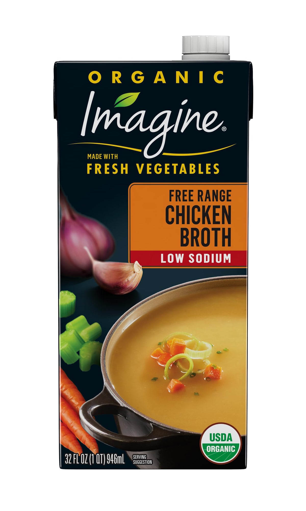 Imagine Organic Low Sodium Free Range Chicken Broth carton front view, premium soup base.