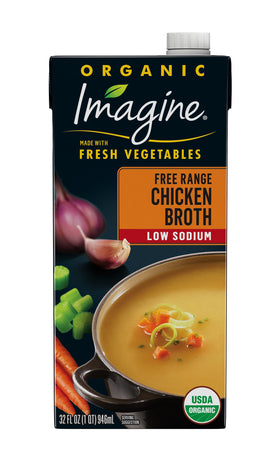 Imagine Organic Low Sodium Free Range Chicken Broth carton front view, premium soup base.