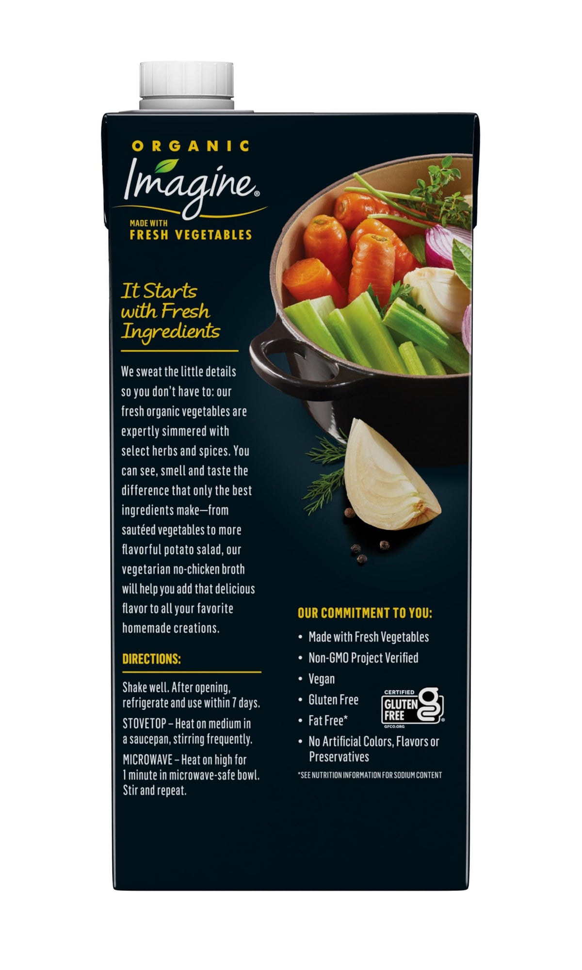 Imagine Organic No-Chicken Broth carton back view with ingredients and certifications