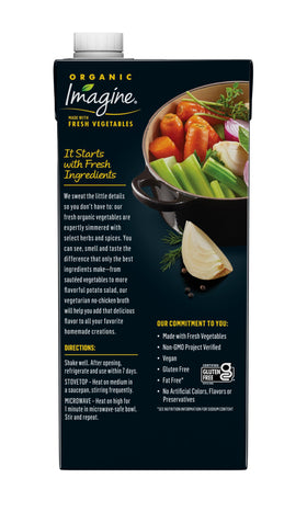 Imagine Organic No-Chicken Broth carton back view with ingredients and certifications