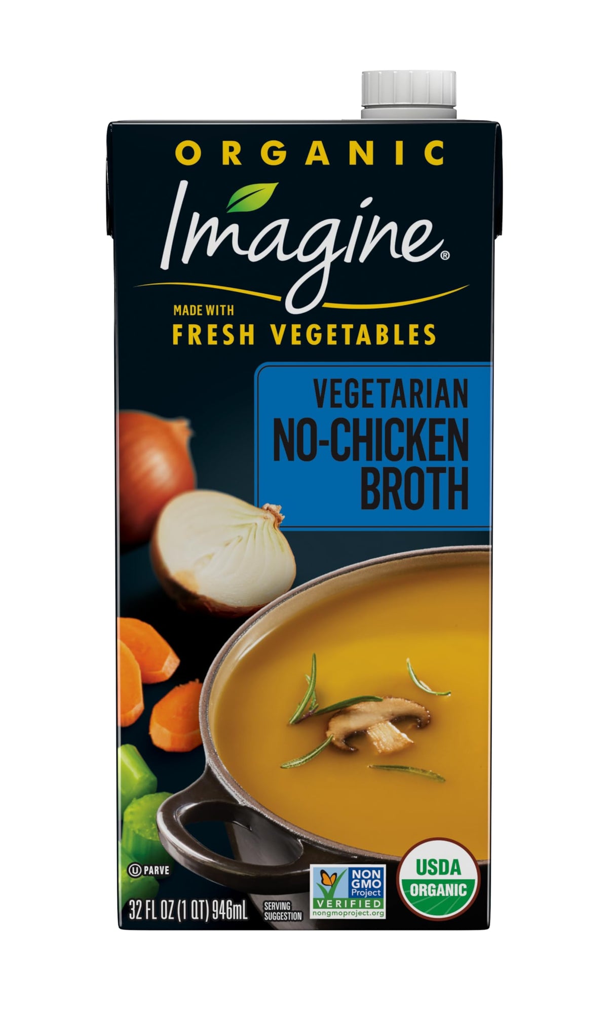 Imagine Organic No-Chicken Broth carton front view showing brand and flavor potential