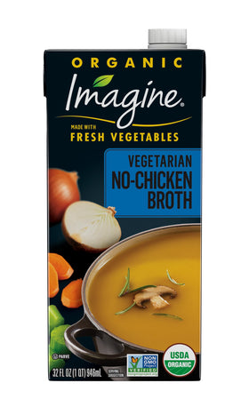 Imagine Organic No-Chicken Broth carton front view showing brand and flavor potential