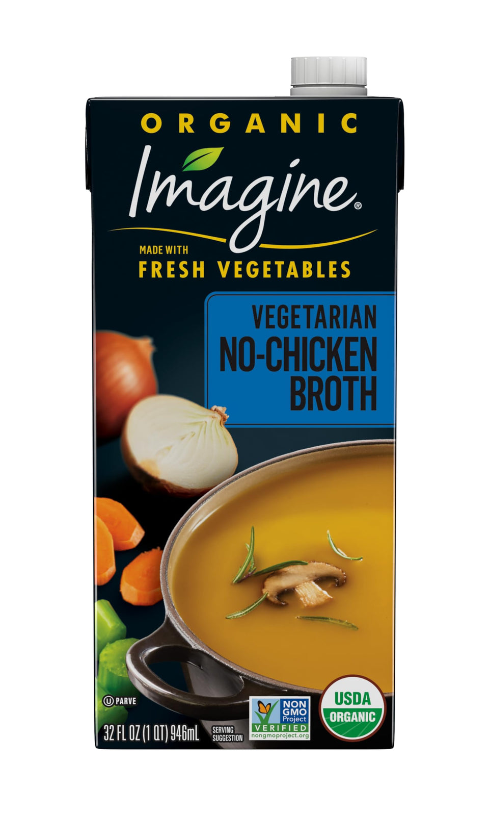 Imagine Organic No-Chicken Broth carton front view showing brand and flavor potential