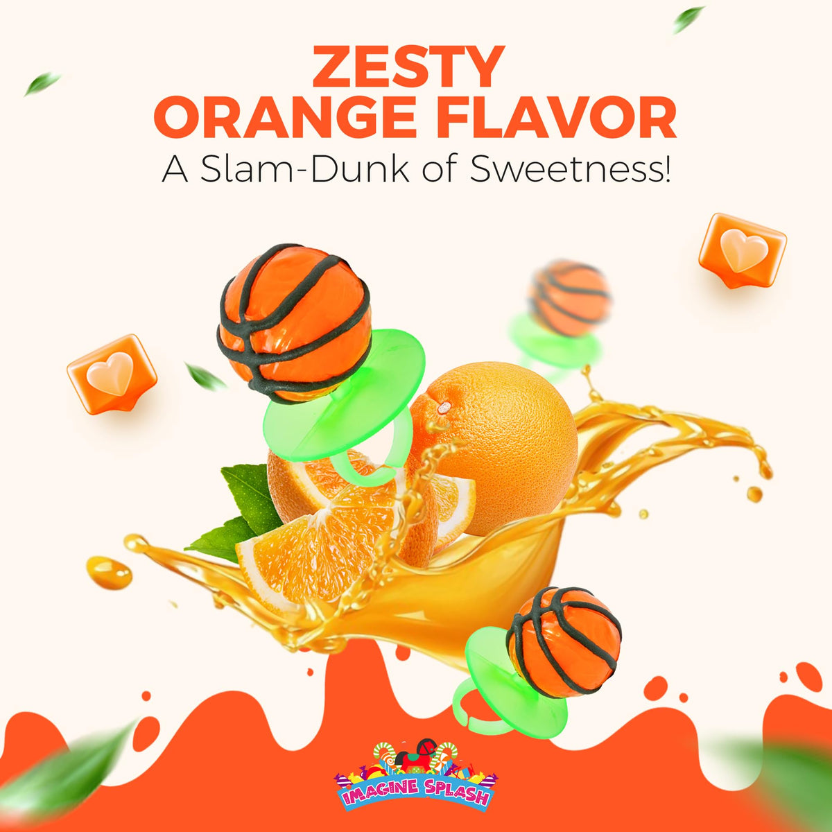 Imagine Splash orange-flavored pops close-up highlighting tangy citrus taste.