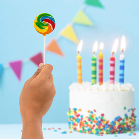 Imagine Splash Rainbow Swirl Lollipops individually wrapped to stay fresh.