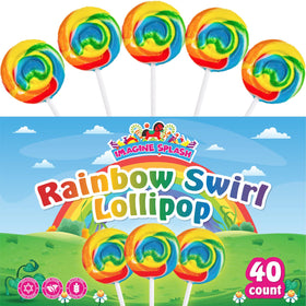Imagine Splash Rainbow Swirl Lollipops packaging shown, ideal for party favors.