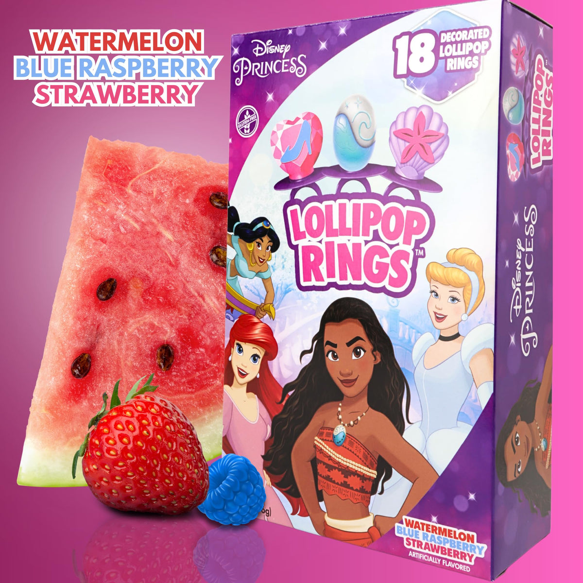 Imaginings 3 assorted flavors lollipop rings with watermelon, grape, strawberry flavors.
