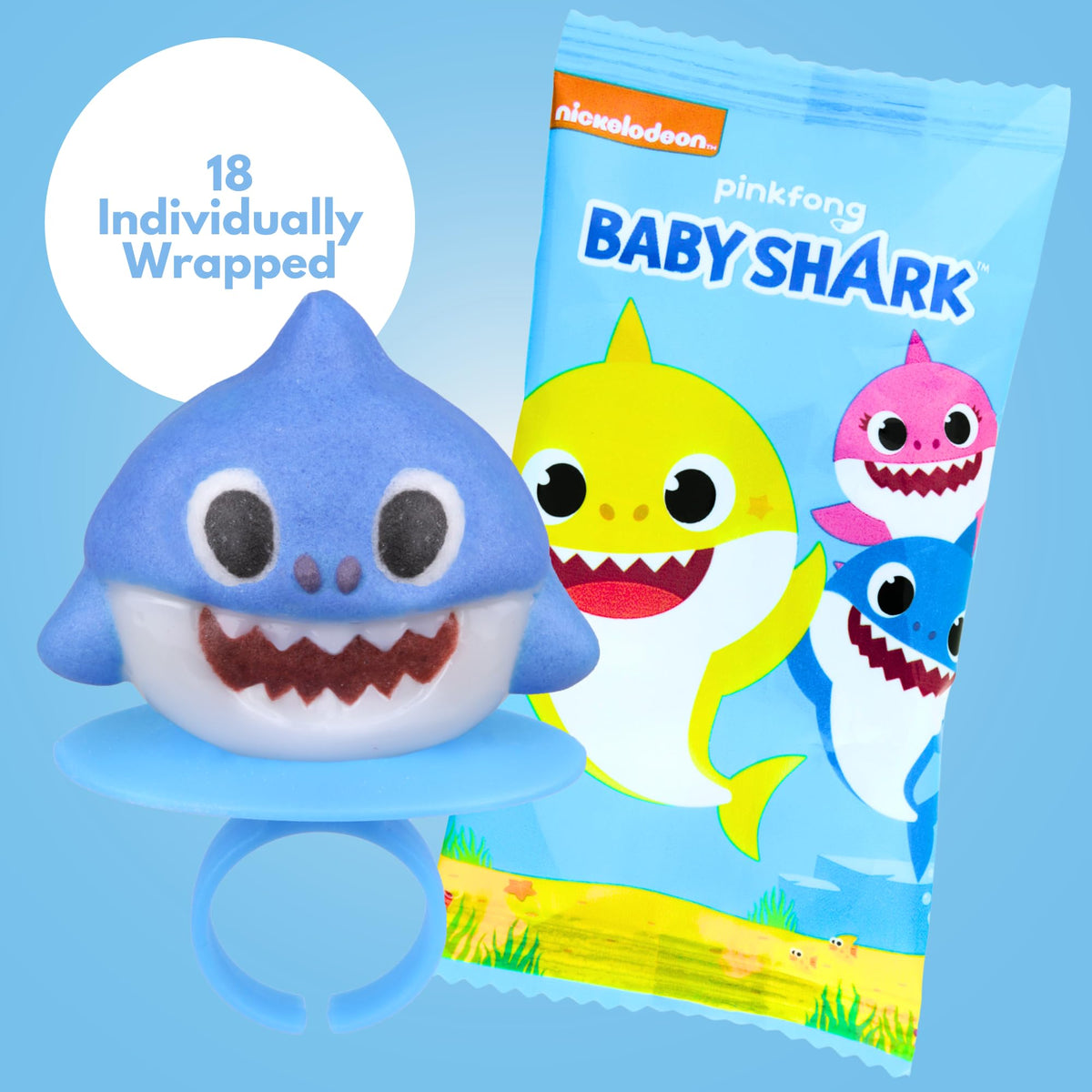 Imaginings 3 Baby Shark lollipop ring closeup highlights bright colors and kid-friendly design.