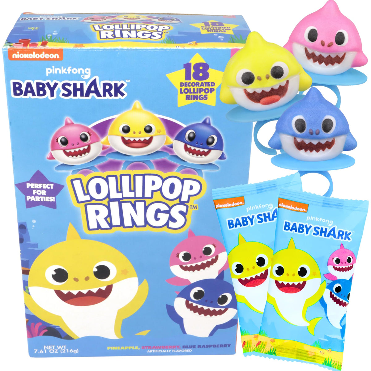 Imaginings 3 Baby Shark lollipop ring packaging shows a fun party favor with fruity flavors.