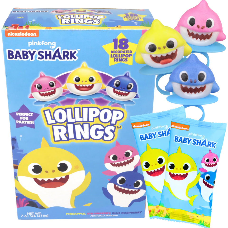 Imaginings 3 Baby Shark lollipop ring packaging shows a fun party favor with fruity flavors.