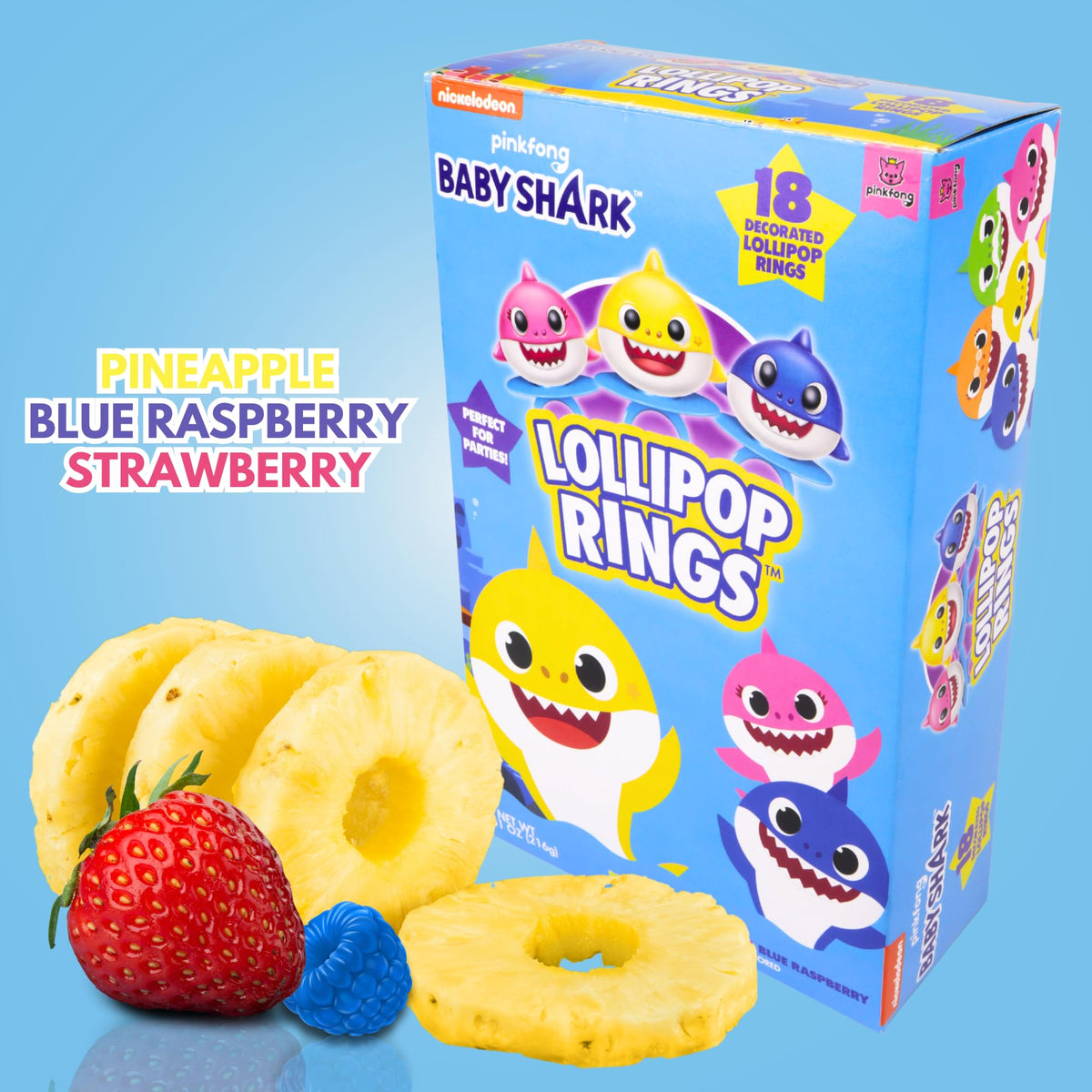 Imaginings 3 Baby Shark lollipop ring variety features assorted fruit flavors for playful tasting.