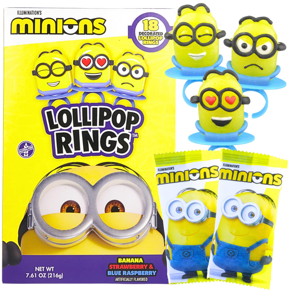 Imaginings 3 Minions lollipop ring in yellow banana flavor for playful party favors.