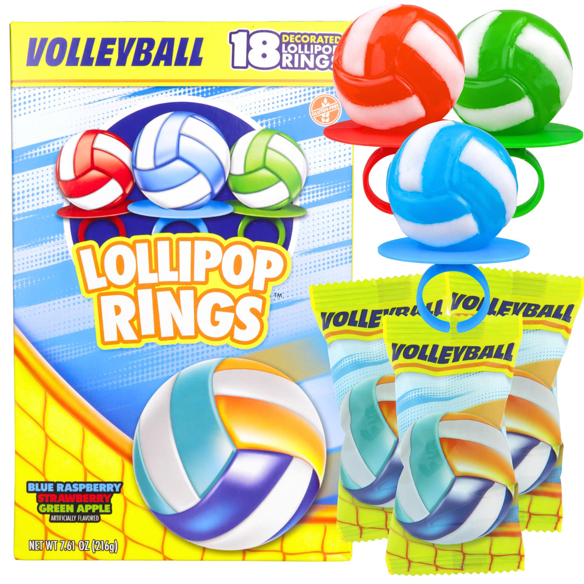 Imaginings 3 volleyball lollipop ring in blue raspberry for team celebrations.