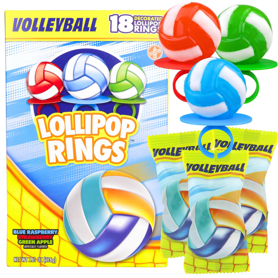 Imaginings 3 volleyball lollipop ring in blue raspberry for team celebrations.