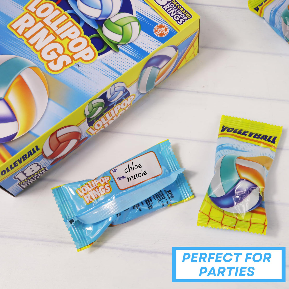 Imaginings 3 box of 18 volleyball lollipop rings for easy distribution.