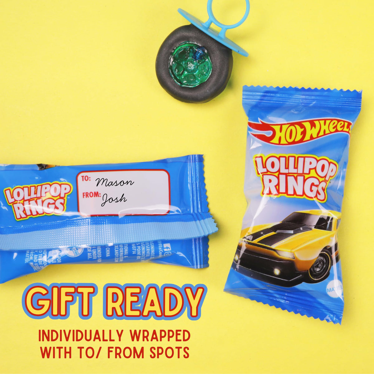 Imaginings 3 car wheel design suckers, playful candy for car-themed parties.