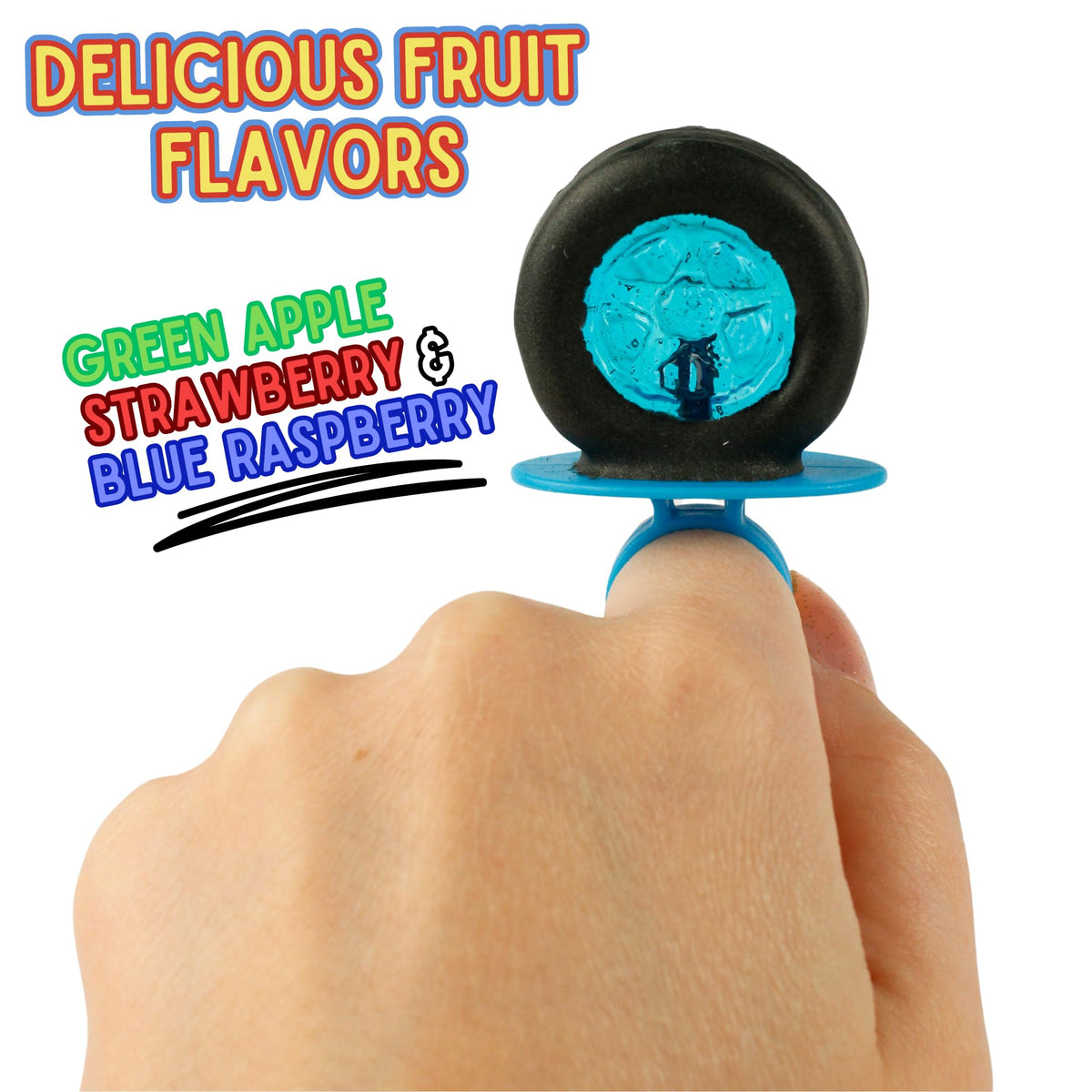 Imaginings 3 assorted fruit flavors—green apple, strawberry, blue raspberry—for tasty party snacks.