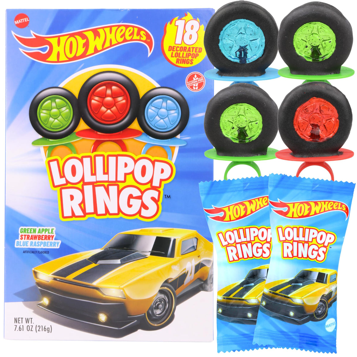 Imaginings 3 Hot Wheels lollipop ring pack with wheel designs, ideal for party favors.