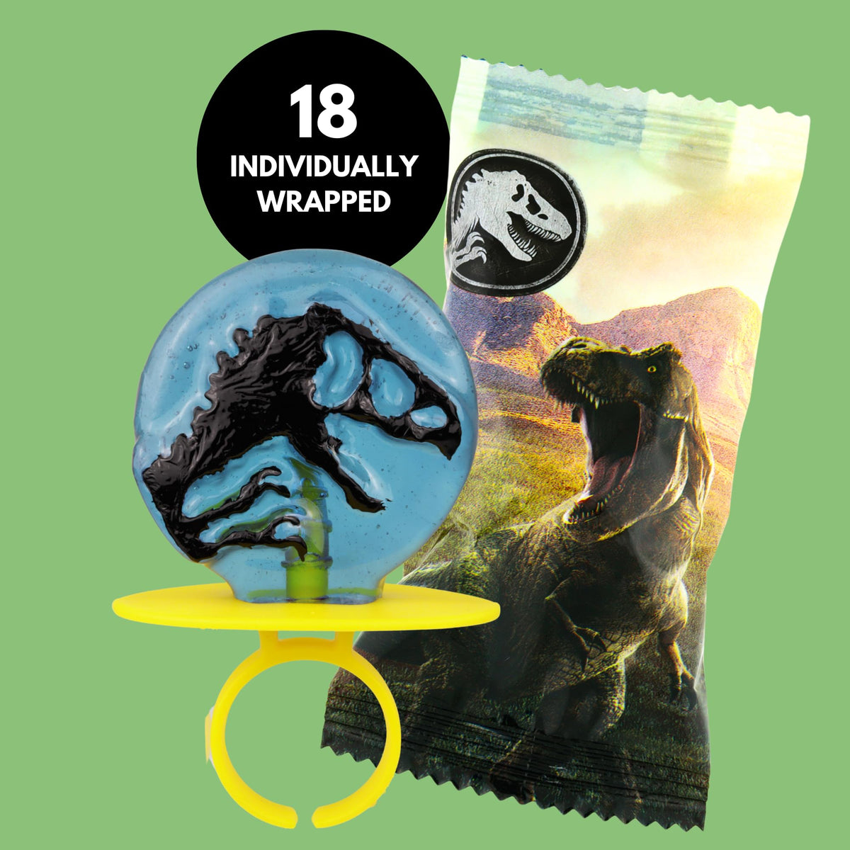 Imaginings 3 Jurassic World lollipop ring pack-display for party setup.