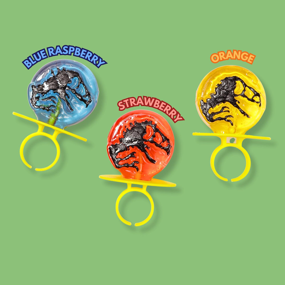 Imaginings 3 Jurassic World lollipop ring strawberry flavor suitable for dinosaur parties.