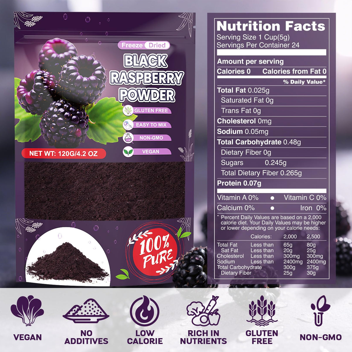 Scoop of IMakArt Black Raspberry Powder shows rich color and texture.