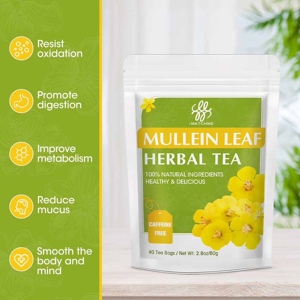 iMATCHME Mullein Leaf Tea brewed cup steaming with lemon