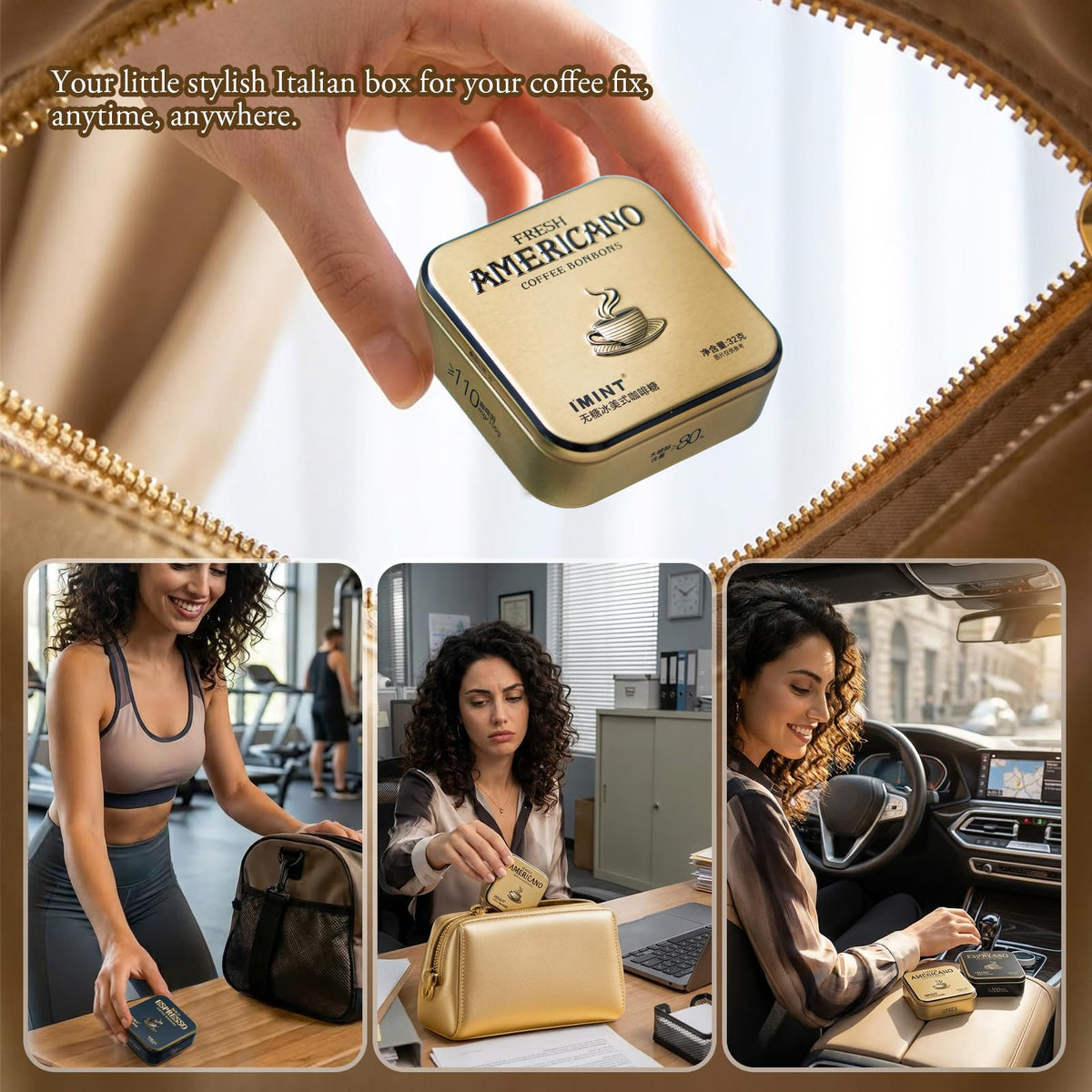IMINT Sugar-Free Coffee Mints portable tin in bag for travel and office use