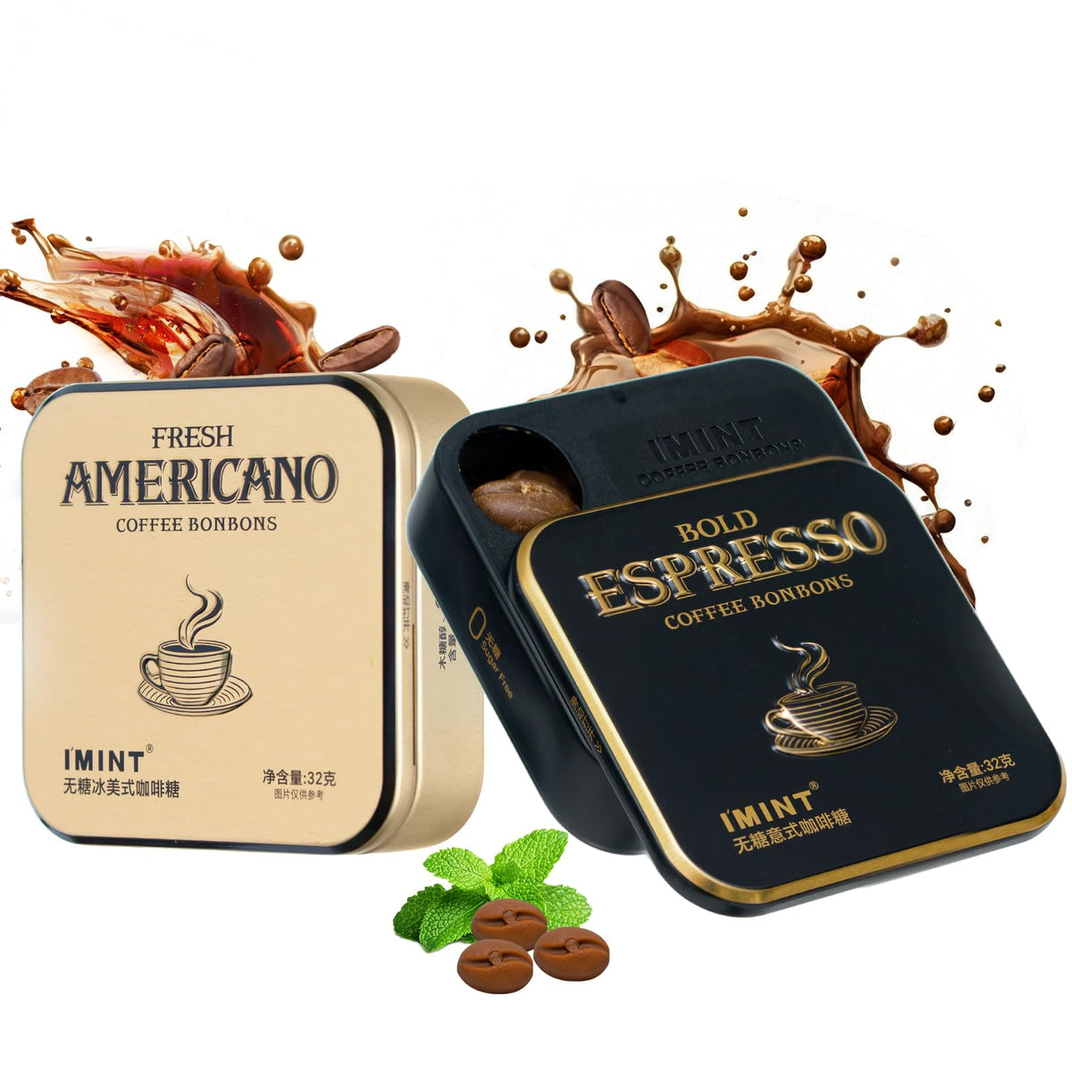 IMINT Sugar-Free Coffee Mints tin front showing sleek packaging and convenient office boost