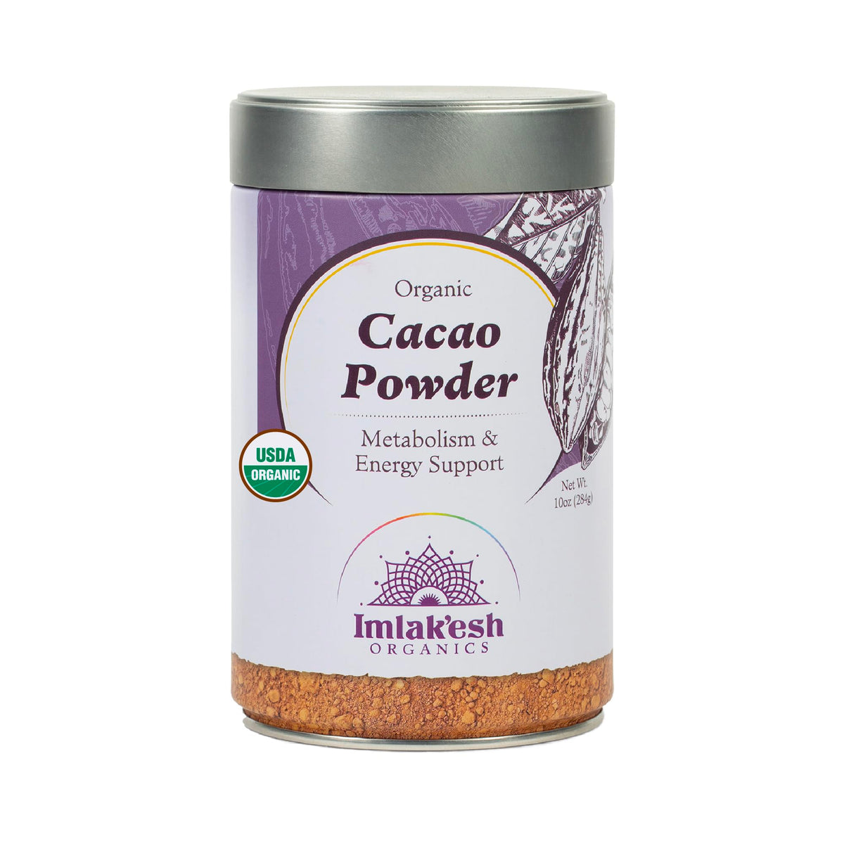 Imlak'esh Organics cacao powder jar open for baking and smoothies.