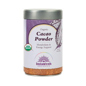 Imlak'esh Organics cacao powder jar open for baking and smoothies.