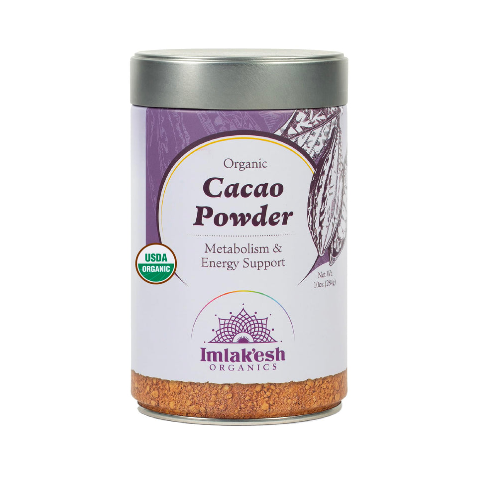 Imlak'esh Organics cacao powder jar open for baking and smoothies.