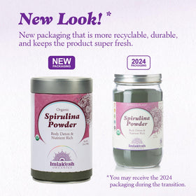 Imlak'esh Organics spirulina powder with measuring scoop for precise portions.