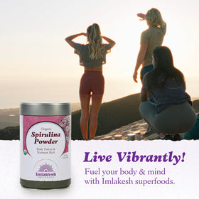 Imlak'esh Organics spirulina powder ready to blend into a smoothie for energy.