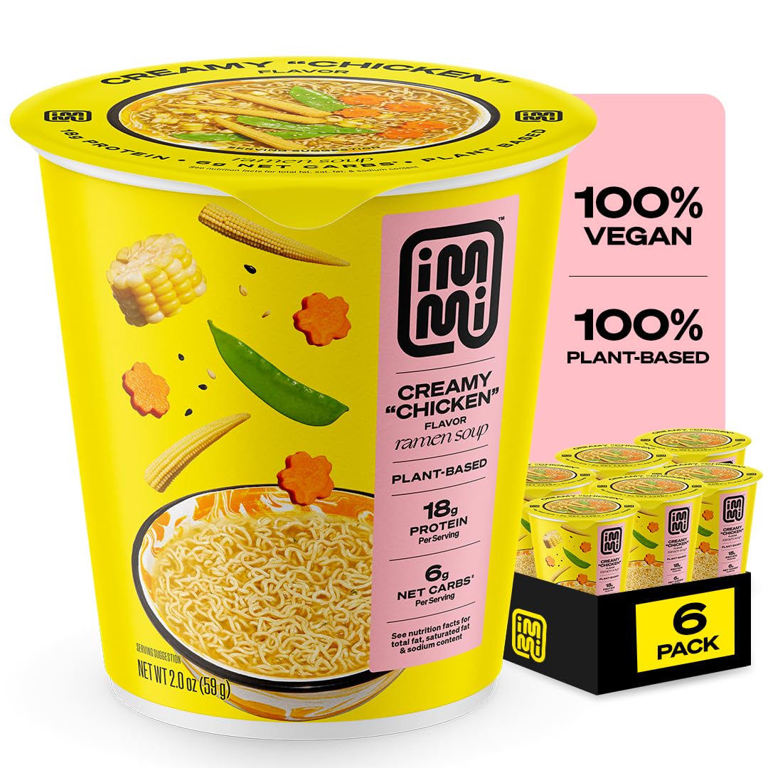 Immi Creamy Chicken Ramen Cup noodles—noodles in glossy broth for a protein-rich meal