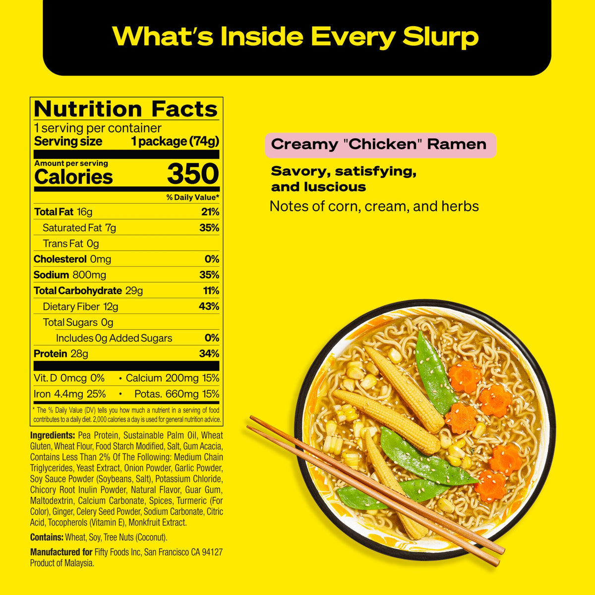 Immi Creamy Chicken Ramen ingredients corn and herbs visible for fresh flavor.