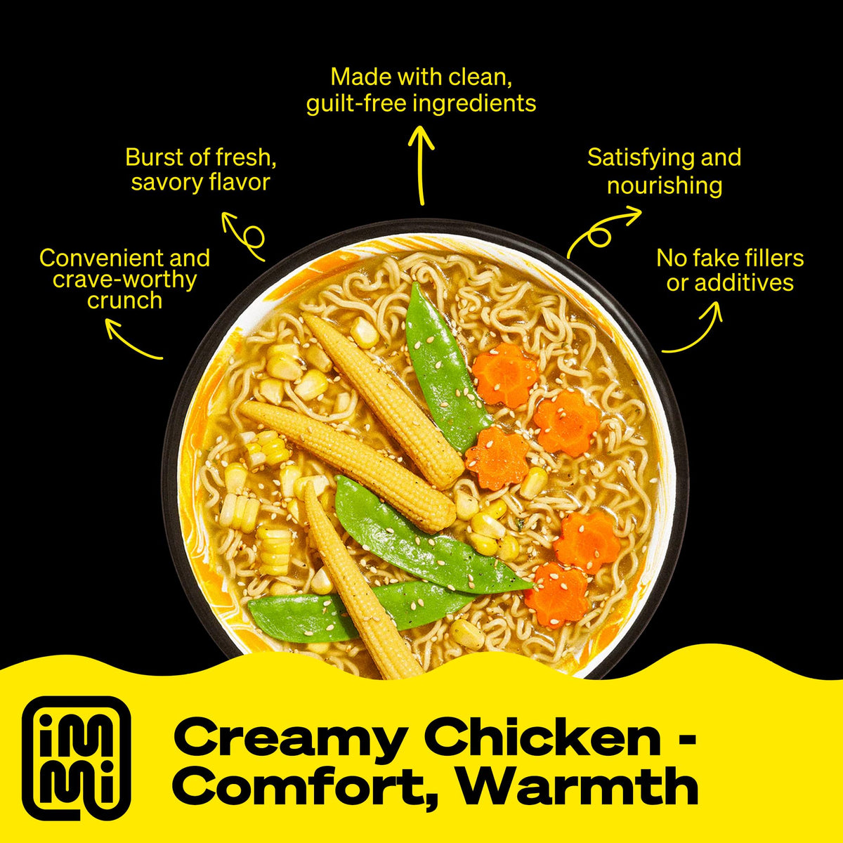 Immi Creamy Chicken Ramen noodles close-up shows chewy texture and creamy broth.