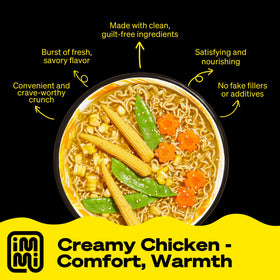Immi Creamy Chicken Ramen noodles close-up shows chewy texture and creamy broth.