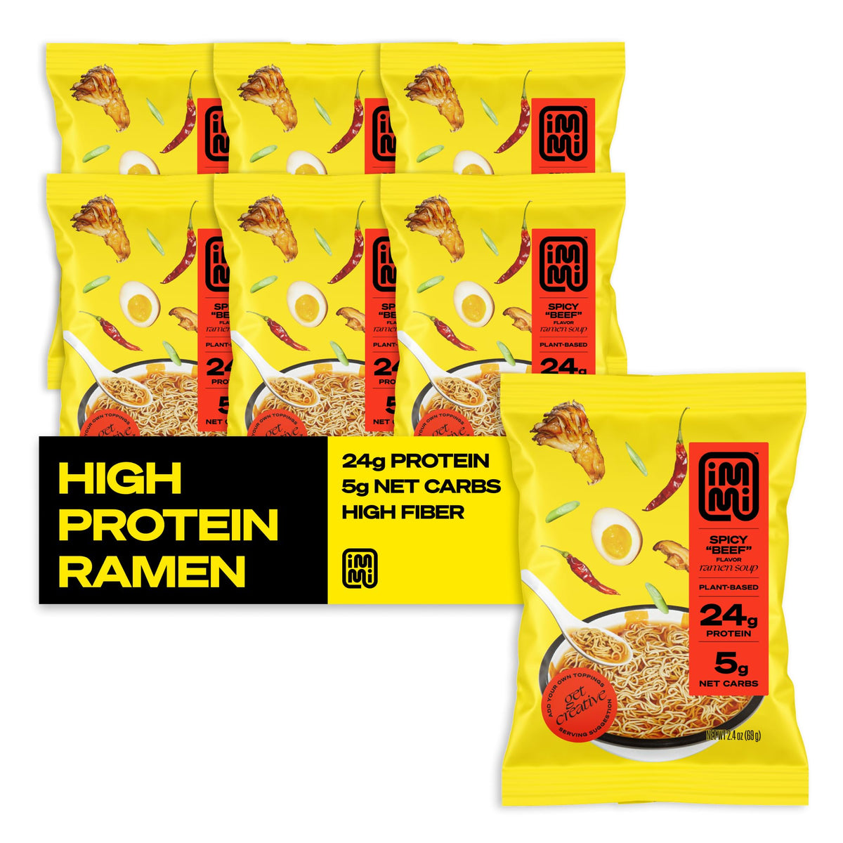 Immi Spicy Beef Ramen pack on table showing a 6-pack meal option.