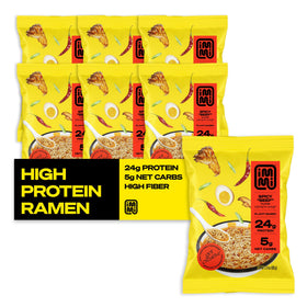 Immi Spicy Beef Ramen pack on table showing a 6-pack meal option.
