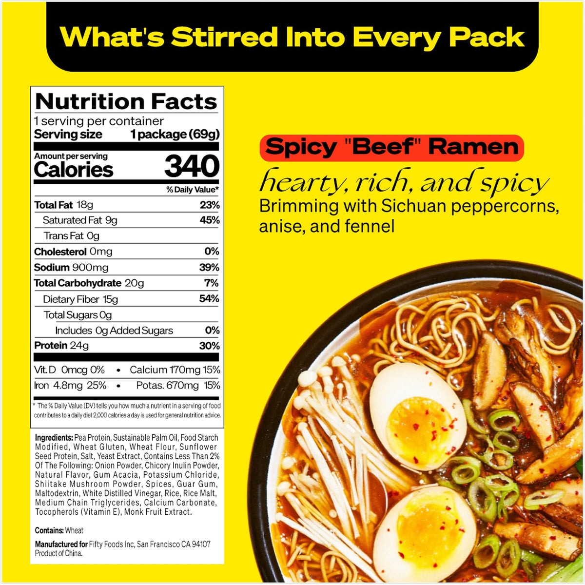 Nutrition panel on Immi Spicy Beef Ramen shows protein and fiber.