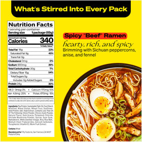 Nutrition panel on Immi Spicy Beef Ramen shows protein and fiber.