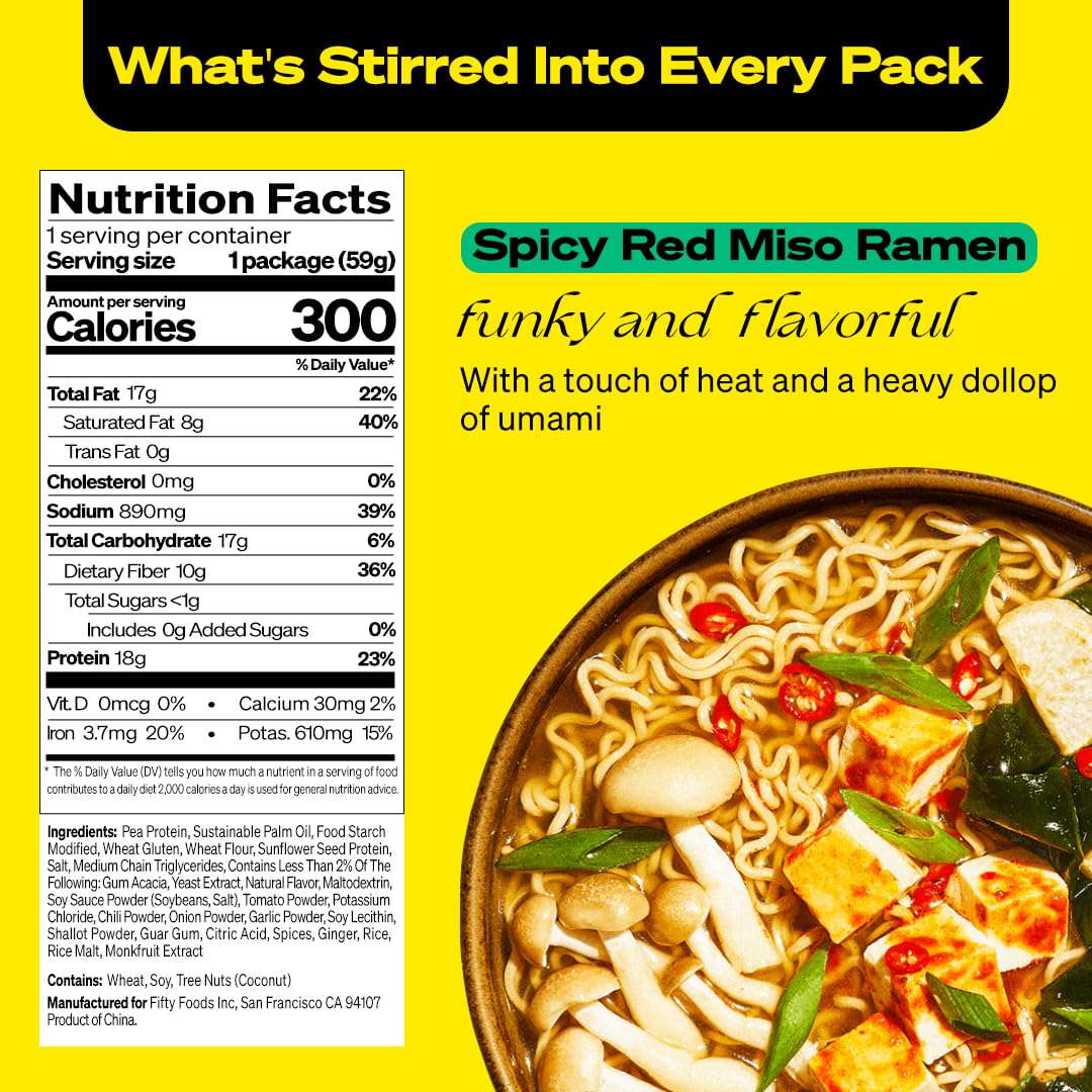Immi Spicy Red Miso ramen cup label highlighting protein and fiber